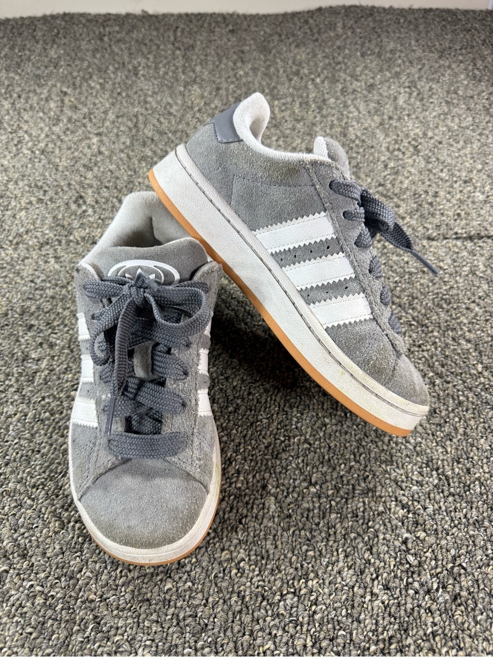 adidas Youth Gray Suede Sneakers with White Stripes